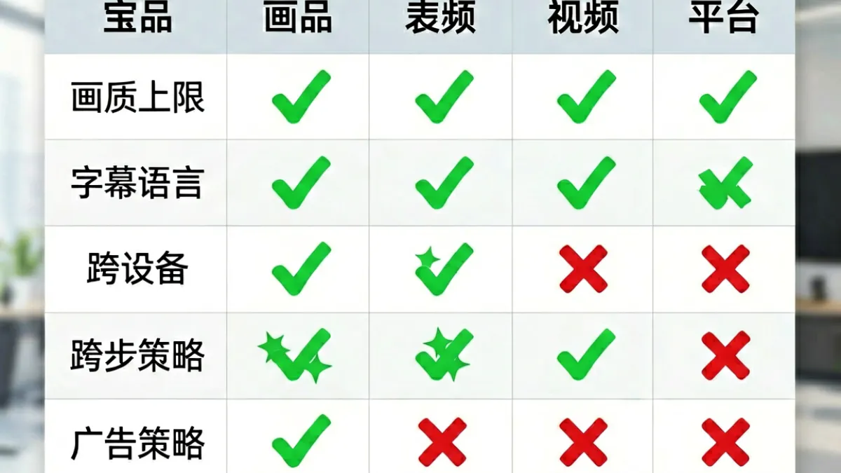 xvideo.com 与同类平台的功能对比表格截图，包含画质、字幕、下载权限三个维度的横向评分